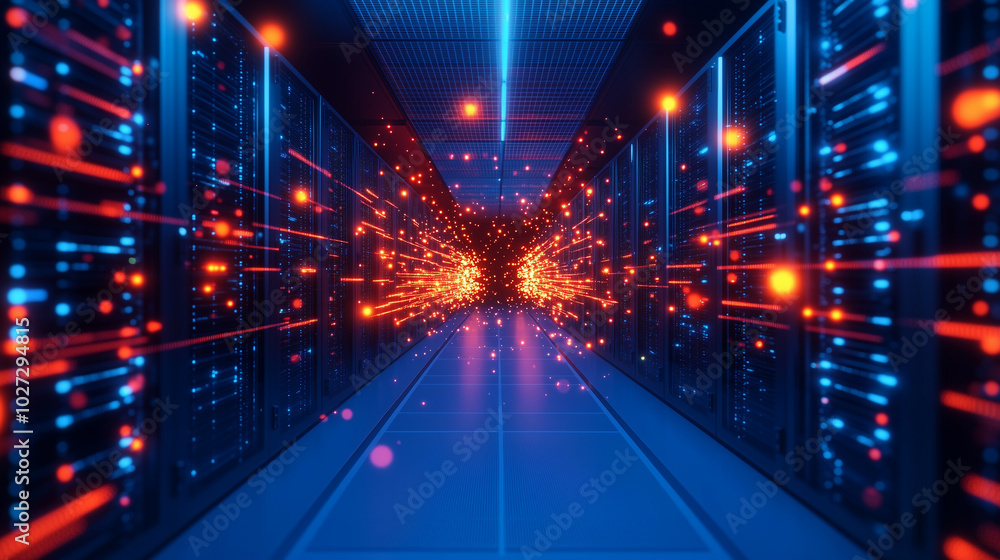 Poster a detailed image of a data center corridor, with bright orange and blue network nodes connecting acr