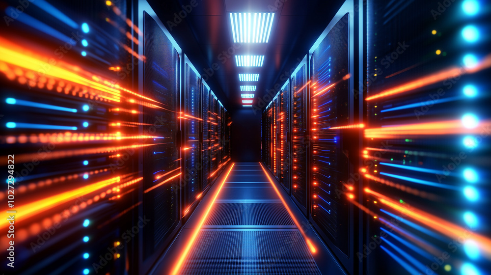 Poster a detailed image of a data center corridor, with bright orange and blue network nodes connecting acr