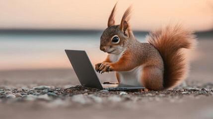 A squirrel sitting on a sandy beach using a laptop, with a blurred ocean background at sunset, depicting a whimsical, humorous scene.