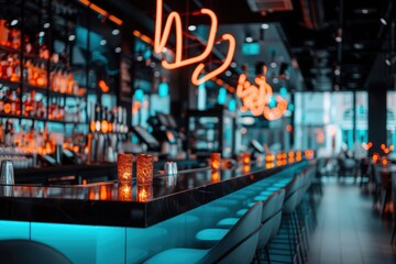 Modern bar interior with illuminated decor and glowing counter in the evening atmosphere