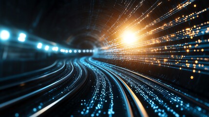 Obraz premium Dynamic image of fast light trails in a tunnel, symbolizing speed, technology, and data transfer in a futuristic setting.
