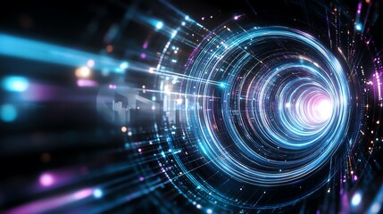 Fototapeta premium Futuristic abstract background with dynamic light trails and glowing circular patterns in blue and purple hues, suggesting speed and motion.