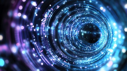 Obraz premium Futuristic abstract blue and purple light tunnel with sparkling particles creating a mesmerizing vortex effect. Ideal for tech and science themes.