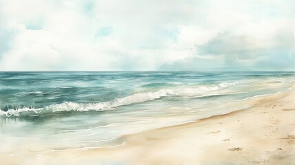 Retro style watercolor painting of ocean waves crashing on sandy beach