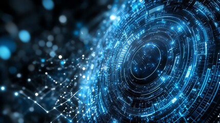 Obraz premium Futuristic digital technology background with blue glowing connections and circular patterns, depicting a concept of innovation and data exchange.