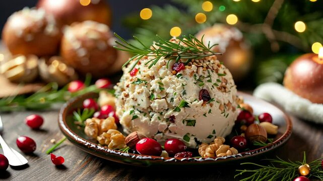 A cheese ball with cranberries and walnuts sits on a plate with rosemary sprigs