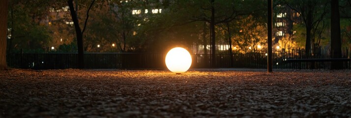 Obraz premium A bright spherical light illuminates a park scene at night, surrounded by trees and the warm glow of distant city lights, evoking a sense of mystery and calm.