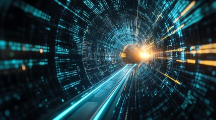 Futuristic digital tunnel with glowing lights and geometric patterns, symbolizing technology and innovation. Perfect for tech themes.