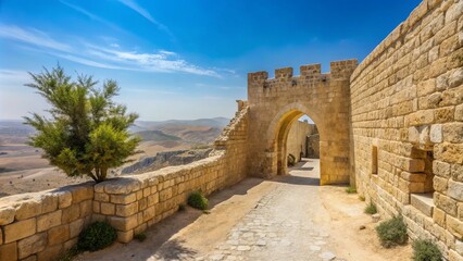 A minimalistic view of Jerusalem, highlighted by ancient stone walls and a vast desert landscape, evoking a sense of history and tranquility in simplicity.