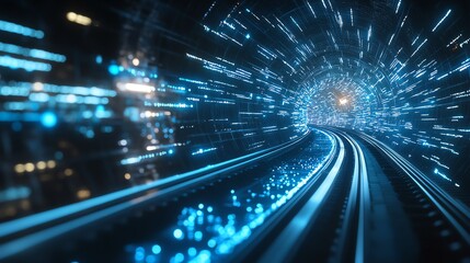 Fototapeta premium Futuristic digital tunnel with glowing lights and high-speed data streams, illustrating concepts of technology and fast communication.