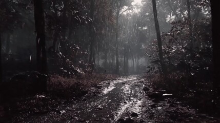 Misty Forest Trail in Black and White