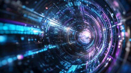 Obraz premium Futuristic digital tunnel with neon lights and dynamic motion lines, representing technology, data flow, and innovation.
