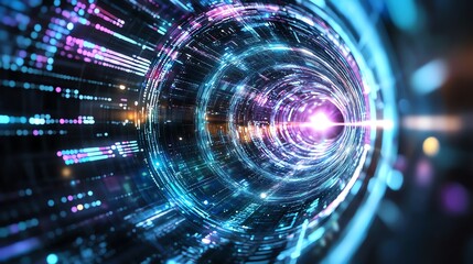 Obraz premium Futuristic digital tunnel with vibrant colors and lights, representing technology, innovation, and high-speed data transfer.