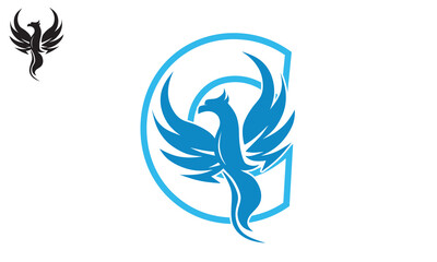 blue phoenix bird wit c letter logo, silhouette of abstract eagle flying vector illustrations