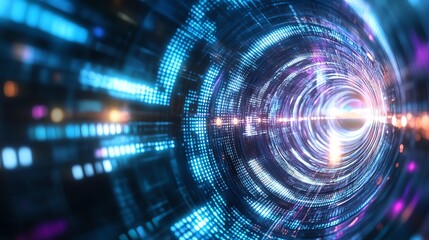 Obraz premium Futuristic digital tunnel with vibrant lights and dynamic movement, symbolizing advanced technology and innovation in a virtual world.