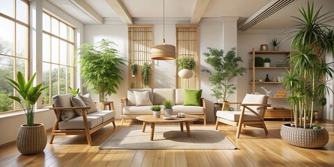 A minimalist living room adorned with bamboo furniture and natural materials promotes sustainable urban living, creating a serene, eco-friendly space that embraces simplicity and harmony.