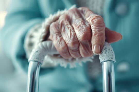 Individual with visual impairment holding white cane indoors during daytime