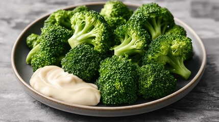 Plate of fresh broccoli florets served with a dollop of mayonnaise on a dark background. The vibrant green color contrasts with the creamy white sauce.