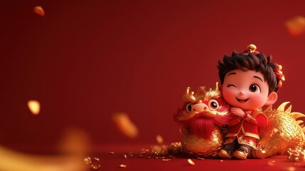 Fototapeta premium A joyful young boy celebrates the Lunar New Year with a golden dragon and vibrant flowers on a festive red backdrop