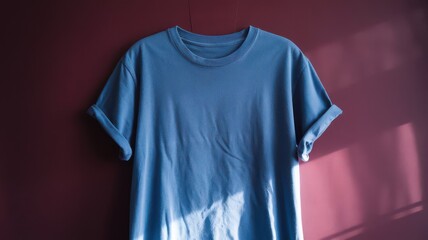 simple plain blue t-shirt with wooden hanger hanging on a wall, blue shirt apparel for mockup