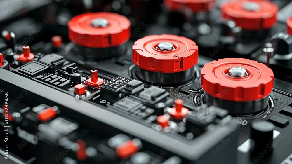 Poster a close-up view of a circuit board with red buttons and knobs