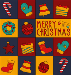 Christmas greeting card. Merry Christmas. image of attributes of Christmas, holidays.