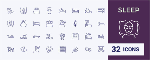 Sleeping icons. Set of sleep minimal icons. Pillow, bed, bedtime, comfort, restful. Collection of sleep and resting icon. Vector illustration.