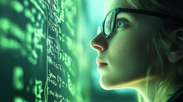 Modern physicist analyzing time travel equations on a digital whiteboard in a futuristic lab with neon lighting