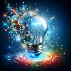 Creative light bulb abstract on glowing blue background generative AI