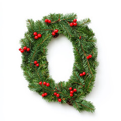 Christmas alphabet letter Q made of fresh green fluffy branches and red berries. Clean background. Generative AI