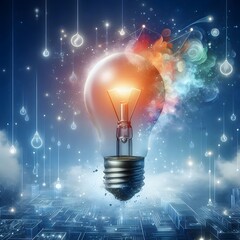 Creative light bulb abstract on glowing blue background generative AI