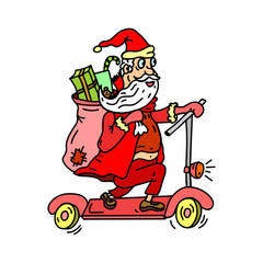 Obraz premium Santa Claus riding a scooter with a sack full of gifts, blending traditional holiday elements with a fun, modern twist
