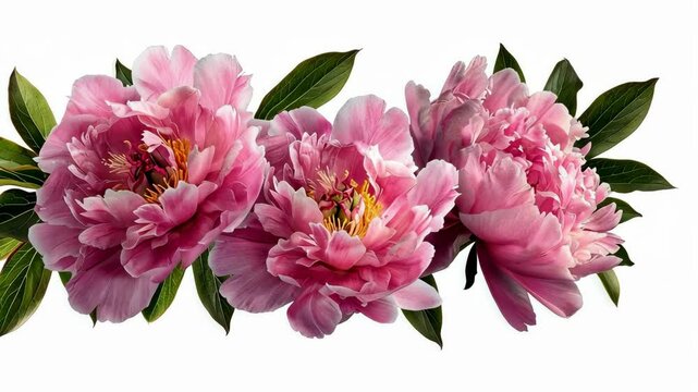 Three pink peonies bloom against a white background, showcasing their delicate petals and vibrant colors
