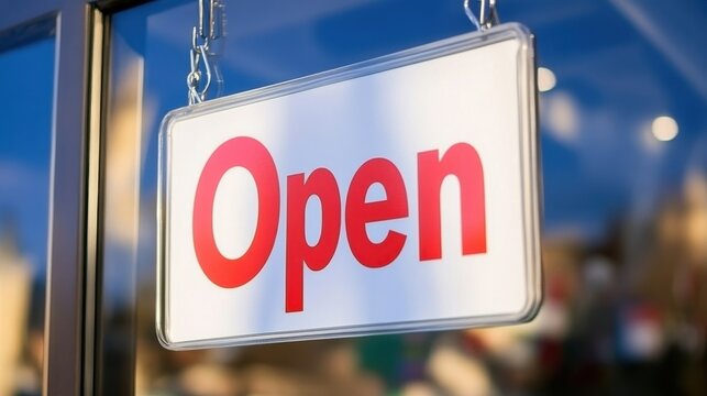 Bright red open sign hanging in a store window on a sunny day, inviting customers to enter and shop inside