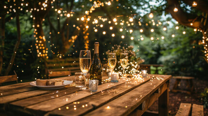 A sustainable outdoor New Year's Eve gathering with biodegradable confetti, eco-friendly fireworks, and wooden seating