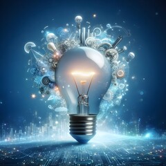 Creative light bulb abstract on glowing blue background generative AI