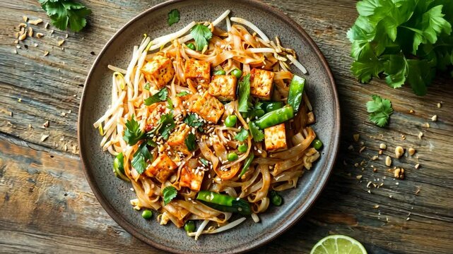 A plate of Pad See Ew with tofu, bean sprouts, and peas sits on a wooden table, ready to be enjoyed