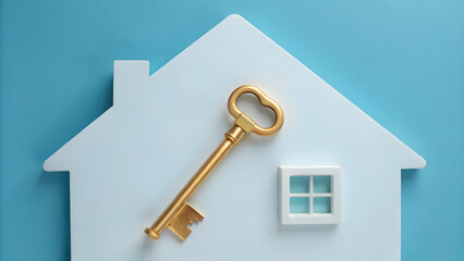 Golden key on a miniature house model and window representing real estate, moving and housewarming
