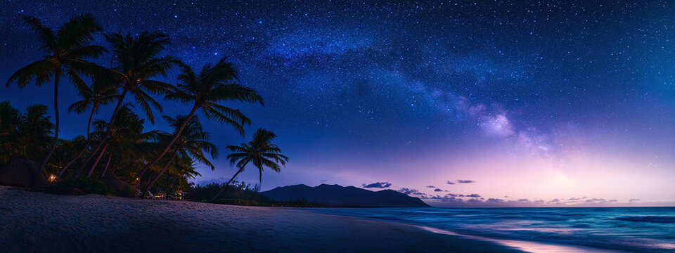 Panoramic stunning view of night tropical beach on the background of starry sky