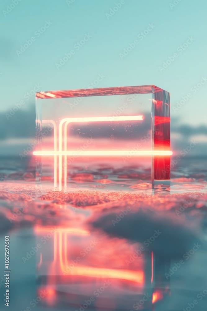 Poster minimalist crystal structure with red neon light against soft background