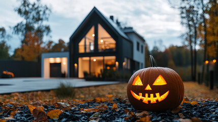 Private suburban house decorated for halloween with jack o lantern pumpkins