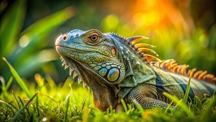 Fototapeta premium An iguana blends perfectly into lush green grass, embodying nature's serenity. This conceptual photograph captures the essence of tranquility in a vibrant, natural setting.