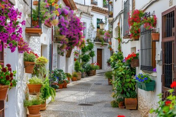 Naklejka premium A narrow street lined with potted plants and flowers, generative ai image