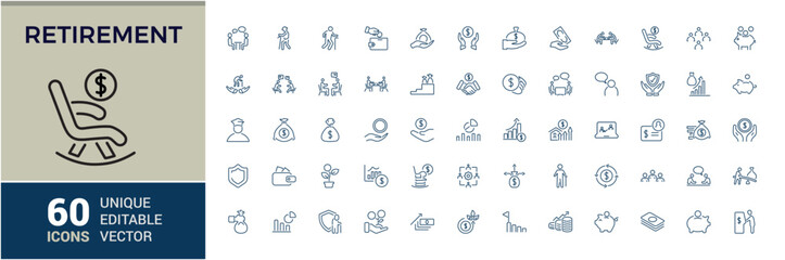 Set of retirement planning icons. Elderly and pension icon. Vector Illustration. Editable line icon Collection for Web and apps.
