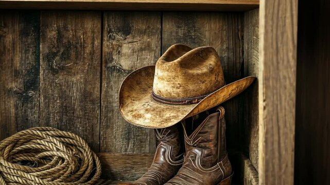 A worn cowboy hat and boots rest in a wooden shelf