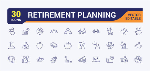 Set of retirement planning icons. Elderly and pension icon. Vector Illustration. Editable line icon Collection for Web and apps.