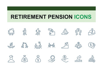 Set of retirement planning icons. Elderly and pension icon. Vector Illustration. Editable line icon Collection for Web and apps.