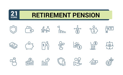 Set of retirement planning icons. Elderly and pension icon. Vector Illustration. Editable line icon Collection for Web and apps.