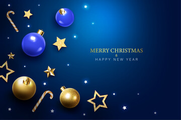 Fototapeta premium merry christmas and happy new year greeting card design template. christmas symbols decorative dark blue christmas celebration and invitation background vector illustration.