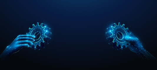Abstract illustration of two hands approaching gears in low poly style. Blue geometric background depicting synergy partnership and business teamwork concept by wireframe mesh